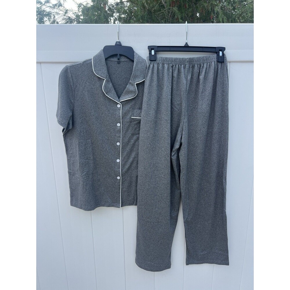 Womens Pajama Set XS Gray Button Front Top Pants New NWT Polyester